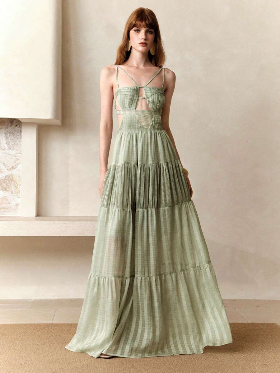 Arave 编织条纹印花细肩带露背褶皱复古优雅女式连衣裙，夏季 - 綠色 - 查看 1