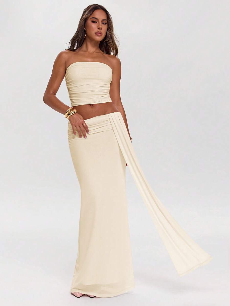 SHEIN BAE 女式性感纯色抹胸短款上衣和裙子两件套，夏季 - 杏色 - 查看 1