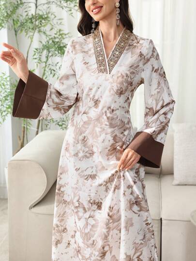 SHEIN Najma 2025春夏中东/阿拉伯风格V领复古收腰A字连衣裙，中东/阿拉伯长袍，舒适，端庄