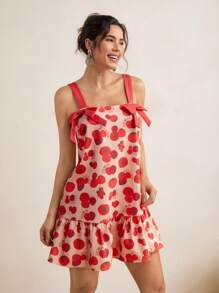 VALERIA GALIPOLI Square Neck Mini Dress A-Line Ruffles Wide Straps Bow Denim Effect Women Summer Vacation Beach - Multicolor - View 5