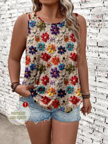 EMERY ROSE Plus Size Women Floral Print Casual Tank Top, Summer,Tunic Top, Resort Wear, Summer Wear, Country Concert Wear, Boho Wear, Western Wear, Holiday Wear,Vacation,Simple And Fashionable For Everyday Wear,Vacay Vibes,Going Out Tops,Western Wear,Flower/Spring - Multicolor - View 1