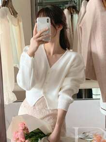 DAZY Áo len cardigan thắt eo màu trơn thường ngày cho nữ, thu/đông, dài tay - trắng - Xem 4