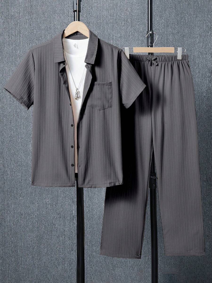 2 件套休闲青少年男孩都市街头装短袖衬衫和长裤 - 深灰色 - 查看 1