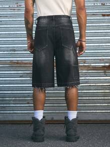 AXEPEAK Men's Retro Style Pocket Decor Loose Casual Denim Shorts, Streetwear Inspired - Black - View 3