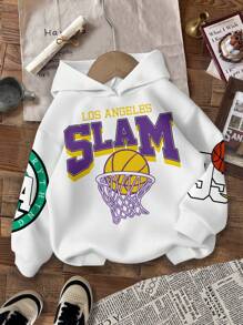 SHEIN Leap Crew 男童休闲宽松舒适日常柔软洛杉矶，Slam，99号，篮球元素文字印花针织长袖卫衣 - 彩色 - 查看 2