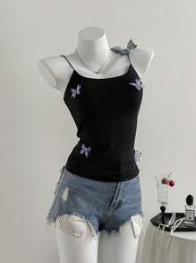 Franclia Canotta elegante e carina da donna con decorazione a farfalla 3D, per l'estate - nero - Visualizzare 5