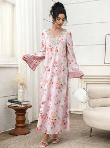 Al Najma 保守休闲印花褶皱袖口阿拉伯风格女装，日常穿着，女装优雅长袍，端庄连衣裙，端庄长袍 - 彩色 - 查看 4