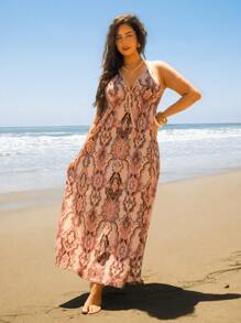 Travachic Plus Size Women's Holiday Floral Print Halter Neck Elegant Dress - Multicolor - View 6