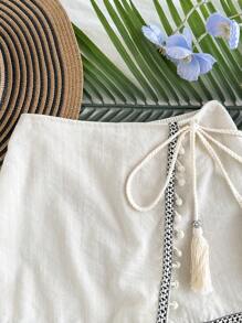 Tween Girl Ribbon Tassel Shorts Skirt, Suitable For Vacation Outings - Apricot - View 5