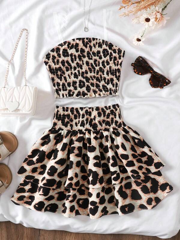 SHEIN Set da 2 pezzi per ragazze teenager, con top corto e gonna a vita alta con balze, adatto per vacanze e uso casual
