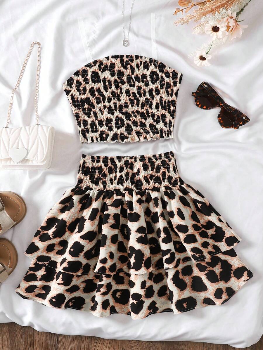 SHEIN Tween Girl Leopard Short Crop Top & High Waisted Layered Ruffle Hem Skirt 2Pcs/Set Suit, Vacation & Casual Wear - Khaki - View 1
