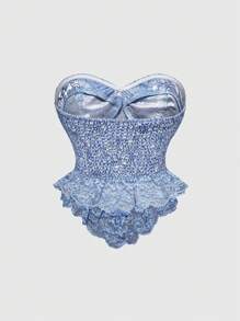 ROMWE Kawaii Spring/Summer Vintage Lace Satin Faux Pearl Corsage Decoration For Women Blouse, Royal Victorian Style - Blue - View 2