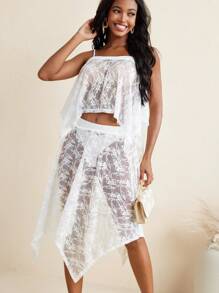 Oxana Handkerchief Hem Full White Lace Transparent Sexy Women Skirt Boho Summer Holiday Beach