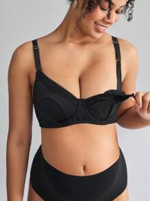 Moonlight&Mama Maternity Solid Color Nursing Bra - With Ruffle Edge Elastic, Front Double Openings, Wider Shoulder Straps - Black - View 1