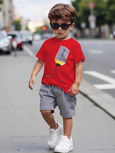 SHEIN 2pcs Set Young Boy's School Style Embroidered Pencil & Striped Pattern Casual Shorts Outfit For Summer, Suitable For School Or Daily Wear Summer Holiday