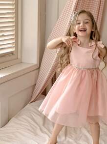 SHEIN Vestido sin mangas elegante y con decoración de lazos rosados para niñas jóvenes