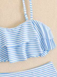 Tween Girl Striped Print Ruffle Trim Camisole & Tankini Set - Multicolor - View 5