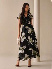 Lilora Women's Elegant Printed Dress, Suitable For Commuting, Daily Wear, And Gatherings Urban Style Floral Long Leisure, - Black - View 3