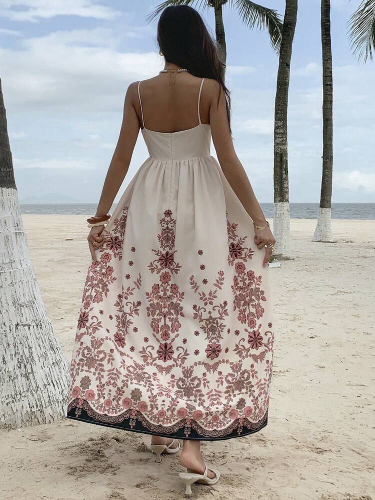 Women's Cinched Waist Floral Print Beach Dress, Summer Cruise Outfit For Women Boho