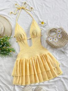 Soleia 奶油黄色女士复古扎染图案深 V 露背吊带迷你连衣裙，荷叶边下摆，腰带，适合派对、性感约会、下午茶、城市假日、音乐节、海滩 - 夏季时尚