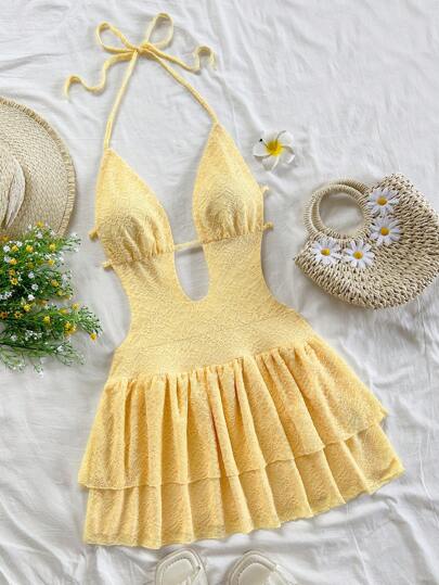 Soleia 奶油黄色女士复古扎染图案深 V 露背吊带迷你连衣裙，荷叶边下摆，腰带，适合派对、性感约会、下午茶、城市假日、音乐节、海滩 - 夏季时尚