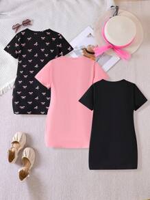 3pcs Pack Girls (Size Small) Short Sleeve Bow Print Casual Dress, Comfortable & Simple Summer Children's Clothing