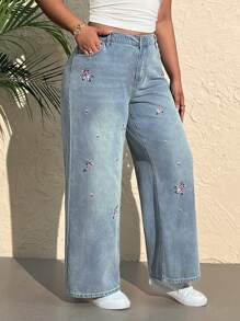 SHEIN EZwear سراويل جينز فضفاضة كاجوال متعددة الاستخدامات مطرزة بالزهور، مقاس كبير للنساء