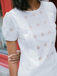 lacRébo Vacation Light Woven White Cotton Blouse With Floral Embroidery Detail And Puff Sleeves All White Top Embroidery Top Autumn Top - White - View 3