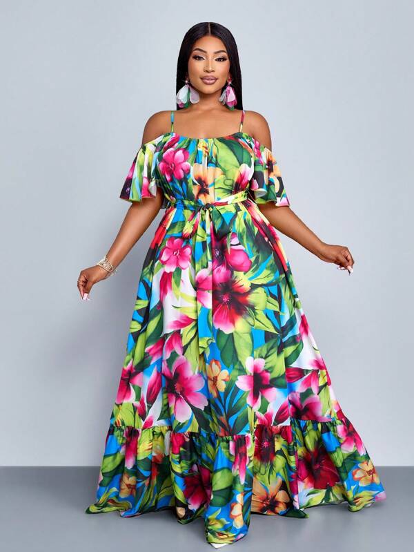 SOLERSUN Rochie elegantă de vară cu imprimeu floral, model floral, stil Plus Size, pentru primăvară și vară, stil nou, cu mânecă scurtă, șireturi, plisată, lejeră, cu umăr agățat.