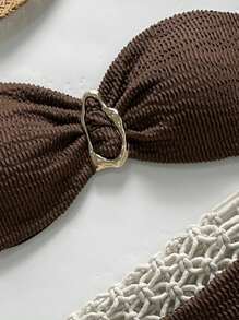 Swim Chiccia Spring Break Women Beachwear Summer 2-Piece Outfits, Women Jacquard Strapless Metal Decor Sexy Bikini Set Brown