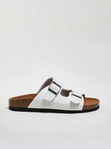 Solezae 女士鞋模压鞋床双扣休闲 PU 白色平底凉鞋 - 白色 - 查看 3