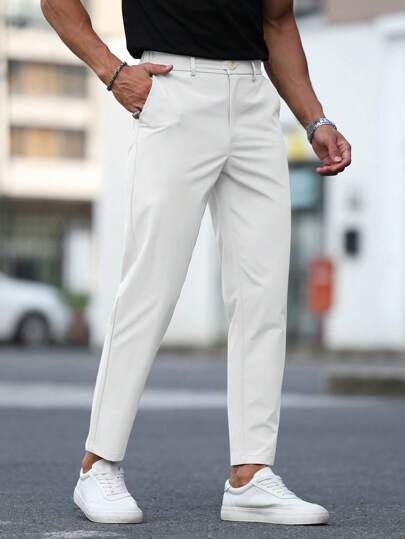 Manfinity Mode Men's Solid Color Pocket Straight-Leg Casual/Business White Pants