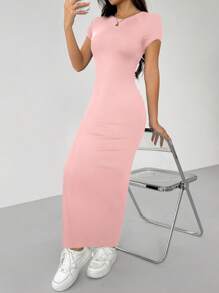 SHEIN PETITE 女士圆领修身短袖连衣裙，适合春夏季日常穿着 - 粉色 - 查看 8