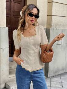 Pariaura Áo cánh cotton chắp vá ren Pháp thanh lịch cho nữ tay ngắn - Màu be - Xem 6