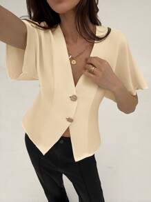 Aloruh Áo sơ mi trơn tối giản, tay cánh dơi, cài nút đôi, thanh lịch - Màu be - Xem 6