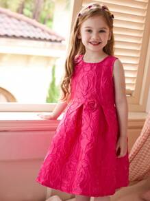 SHEIN Elegant Rose Pattern Sleeveless Dress For Young Girls Polyester Material With Round Neck And Flared Hem - Red - View 3