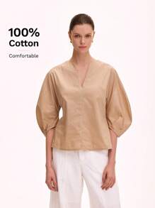 SHEIN Unity 女士纯色V领灯笼袖舒适简约衬衫 - 藕粉色 - 查看 1