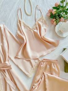 四件套蕾丝拼接仿丝吊带背心、短裤、长裤、系带睡袍睡衣套装，秋冬服装 - 香檳色 - 查看 7