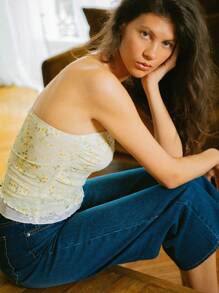 lacRébo 奶油黄色度假花卉印花褶饰抹胸蕾丝边可爱秋季上衣秋冬 - 綠色 - 查看 5