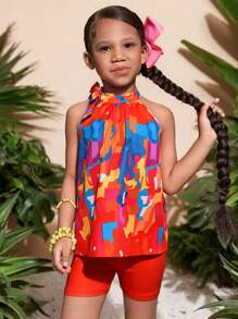 2件套少女碎花编织无袖上衣和针织短裤 - 橘色 - 查看 1