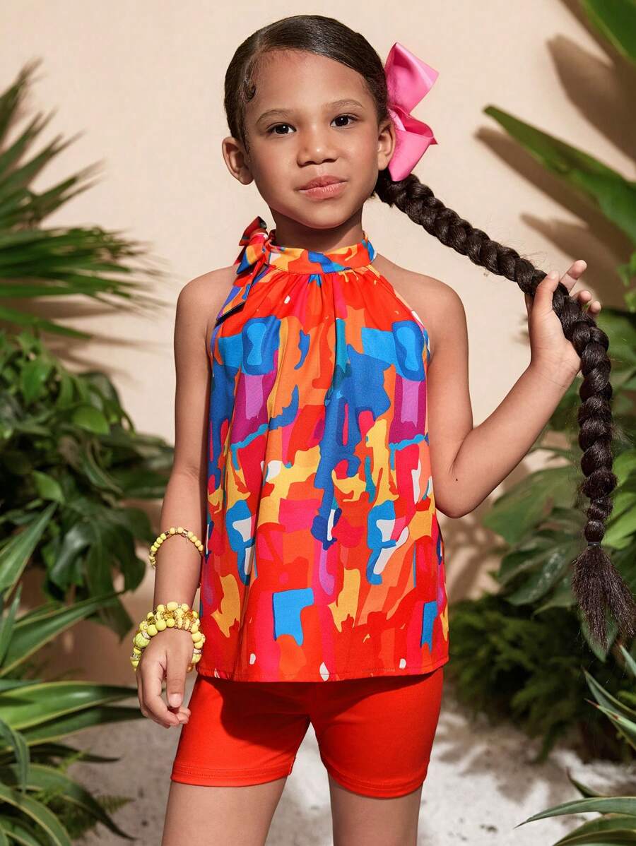 2件套少女碎花编织无袖上衣和针织短裤 - 橘色 - 查看 1