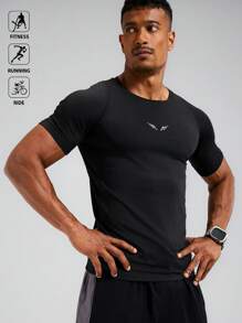 Acti Log Camiseta de manga corta de cuello redondo con diseño raglan para hombres, camiseta de tirantes casual de verano para deportes, ropa de entrenamiento, camisetas y tops de running, camiseta de gimnasio para hombres, camiseta de compresión para hombres - Negro - Ver 2