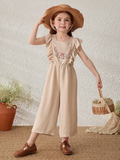 Blossori Young Girl Floral Pattern Ruffle Sleeve Jumpsuit, Vacation Style