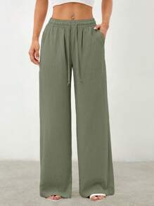 SHEIN PETITE Women's Solid Color Casual Drawstring Tie-Front Pants With Pockets,Cargo Pants - Army Green - View 6