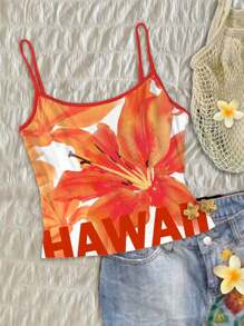 SHEIN EZwear 4 件套女士橙色系列花卉印花休闲度假性感吊带背心上衣适合夏季 - 彩色 - 查看 6