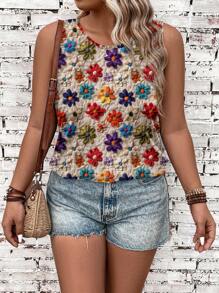 EMERY ROSE Plus Size Women Floral Print Casual Tank Top, Summer,Tunic Top, Resort Wear, Summer Wear, Country Concert Wear, Boho Wear, Western Wear, Holiday Wear,Vacation,Simple And Fashionable For Everyday Wear,Vacay Vibes,Going Out Tops,Western Wear,Flower/Spring - Multicolor - View 3