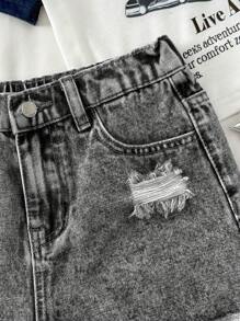 SHEIN Tween Girl Y2K Casual Spring Summer Boho Ripped Raw Hem Denim Jeans Shorts, Summer, Kid Spring And Summer Casual Vacation Country Boho Wear, Beach For Kid Girls, Western Street Wear For Girl, Spring Break, Rave Festival Denim Shorts