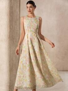 Aveloria Rosie New Elegant Romantic French Style Oversized Waist Drawstring Sleeveless Dress, Women Vintage Exquisite Dye Printing 3D Embroidery Long Dress