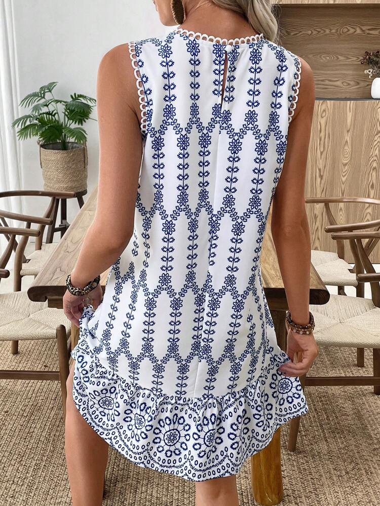 Women All-Over Print Round Neck Sleeveless Casual Mini Dress, Summer,Bohemian Clothes