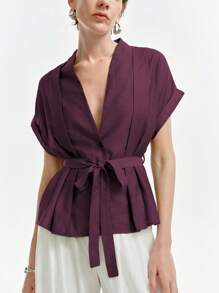 Aalyst Women's Casual V-Neck Pleated Shoulder Turnup Sleeve Short Sleeve Linen Blouse, Spring/Summer